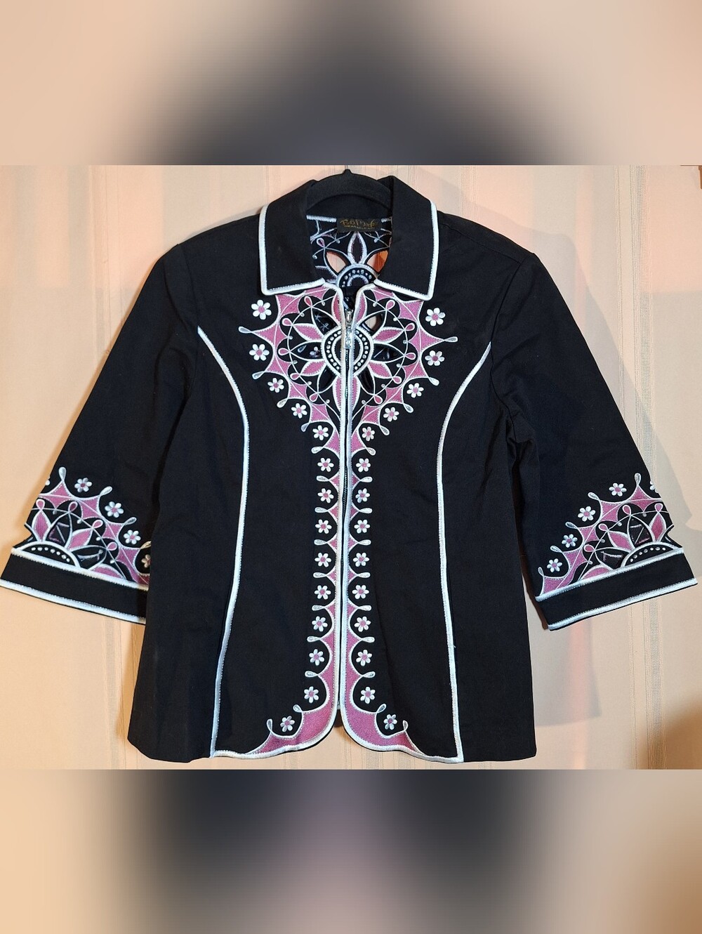 BOB MACKIE Black Jacket with Pink and White Embroidered Floral Design